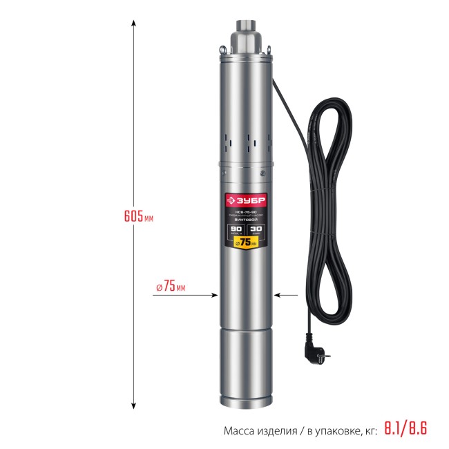 Скважинный насос винтовой НСВ-75-90 ЗУБР 550 Вт, 90 м напор Скважинный насос винтовой НСВ-75-90 ЗУБР 550 Вт, 90 м напор